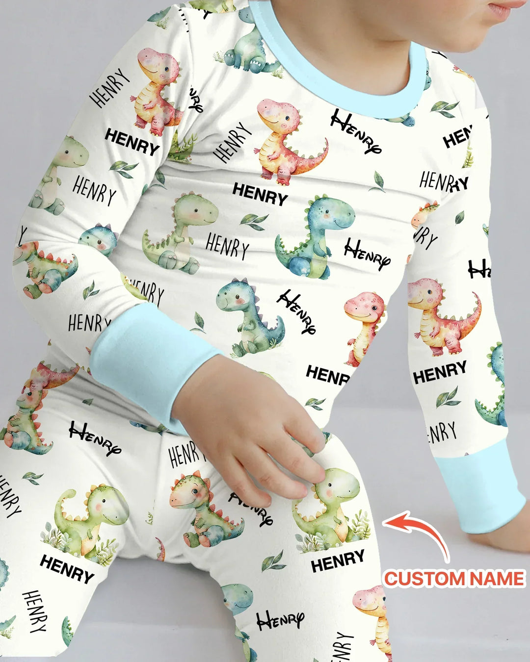 Dinosaur Custom Name Bamboo Two Piece Long Sleeve Pajama Set