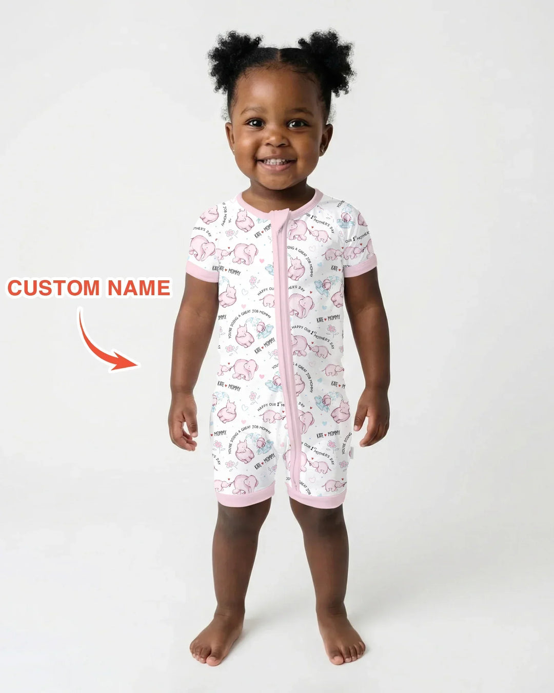 Custom Name Mother & Baby Elephant Bamboo Shorty Zippy