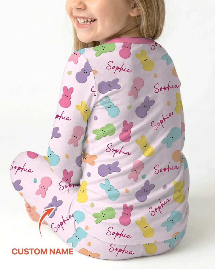 Personalized Easter Bunnies Family Matching Bamboo Two Piece Long Sleeve Pajama Set