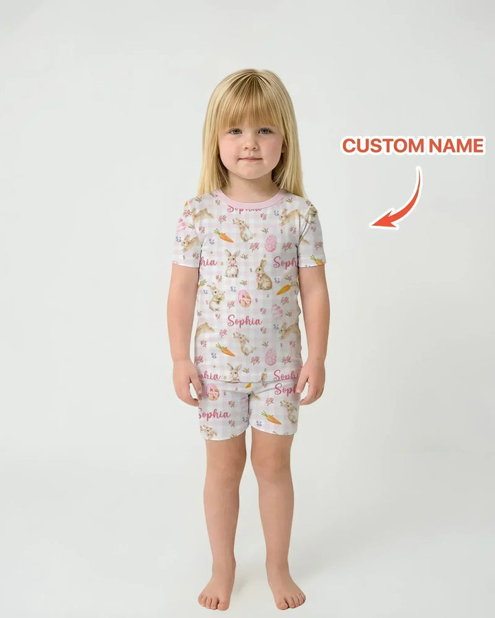 Custom Name Bunny Garden Bamboo Two Piece Short Sleeve Shorts Pajama Set