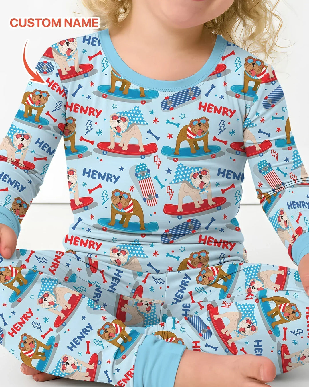 Personalized Patriotic Skate Pups Family Matching Bamboo Two Piece Long Sleeve Pajama Set