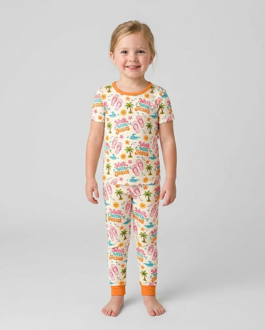 Groovy Summer Walk With Jesus Bamboo Two Piece Short Sleeve Pajama Set