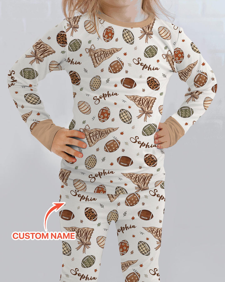 Custom Name Football Fall Season Bamboo Two Piece Long Sleeve Pajama Set