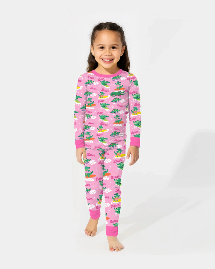 Embroidered Summer Alligator Bamboo Two Piece Long Sleeve Pajama Set