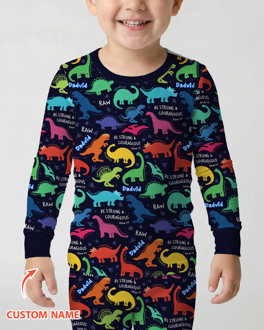 Be Strong and Courageous Dinosaur Christian Bamboo Two Piece Long Sleeve Pajama Set