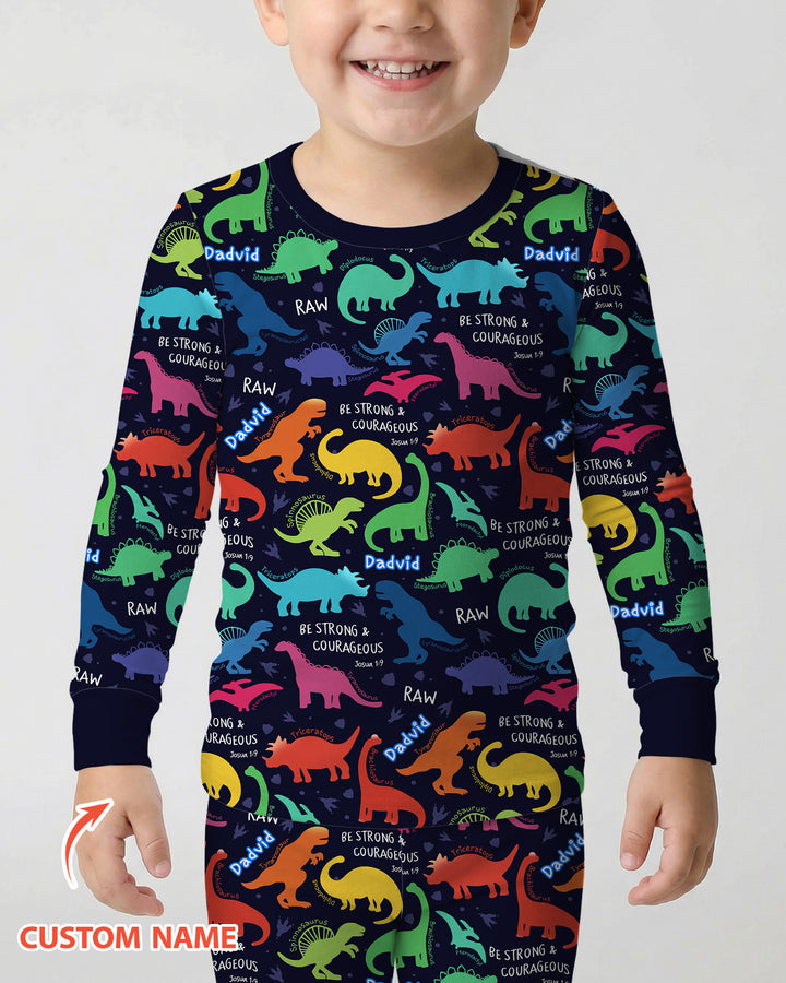 Be Strong and Courageous Dinosaur Christian Bamboo Two Piece Long Sleeve Pajama Set