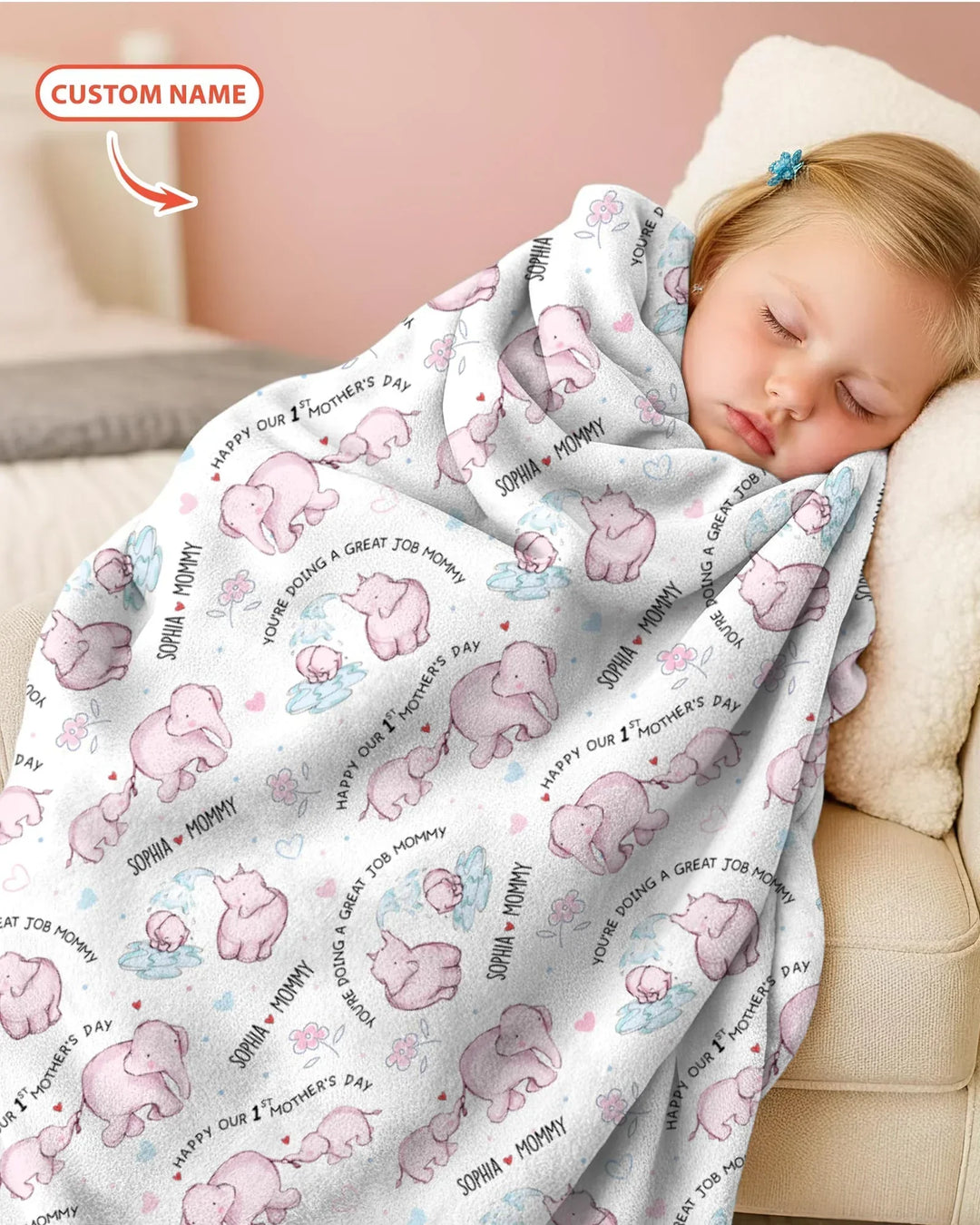 Custom Name Mother & Baby Elephant Bamboo Blanket