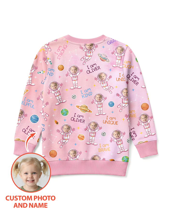 Custom Photo Kid Affirmations I Am Kind Astronaut Bamboo Crewneck Sweatshirt