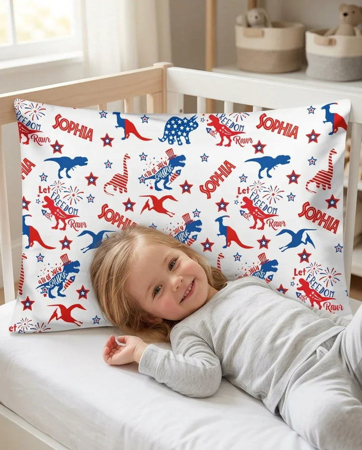 Custom Name Patriotic Dinosaur Bamboo Pillow Case