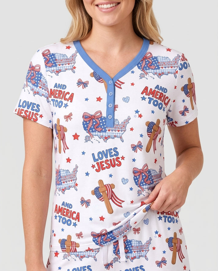 Loves Jesus And America Too Bamboo Women Short Sleeve Short Pajama Set