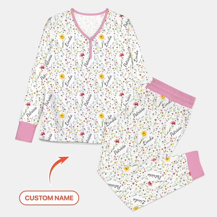 Birth Flower Custom Name Family Daughter Sister Bamboo Women Pajama Set