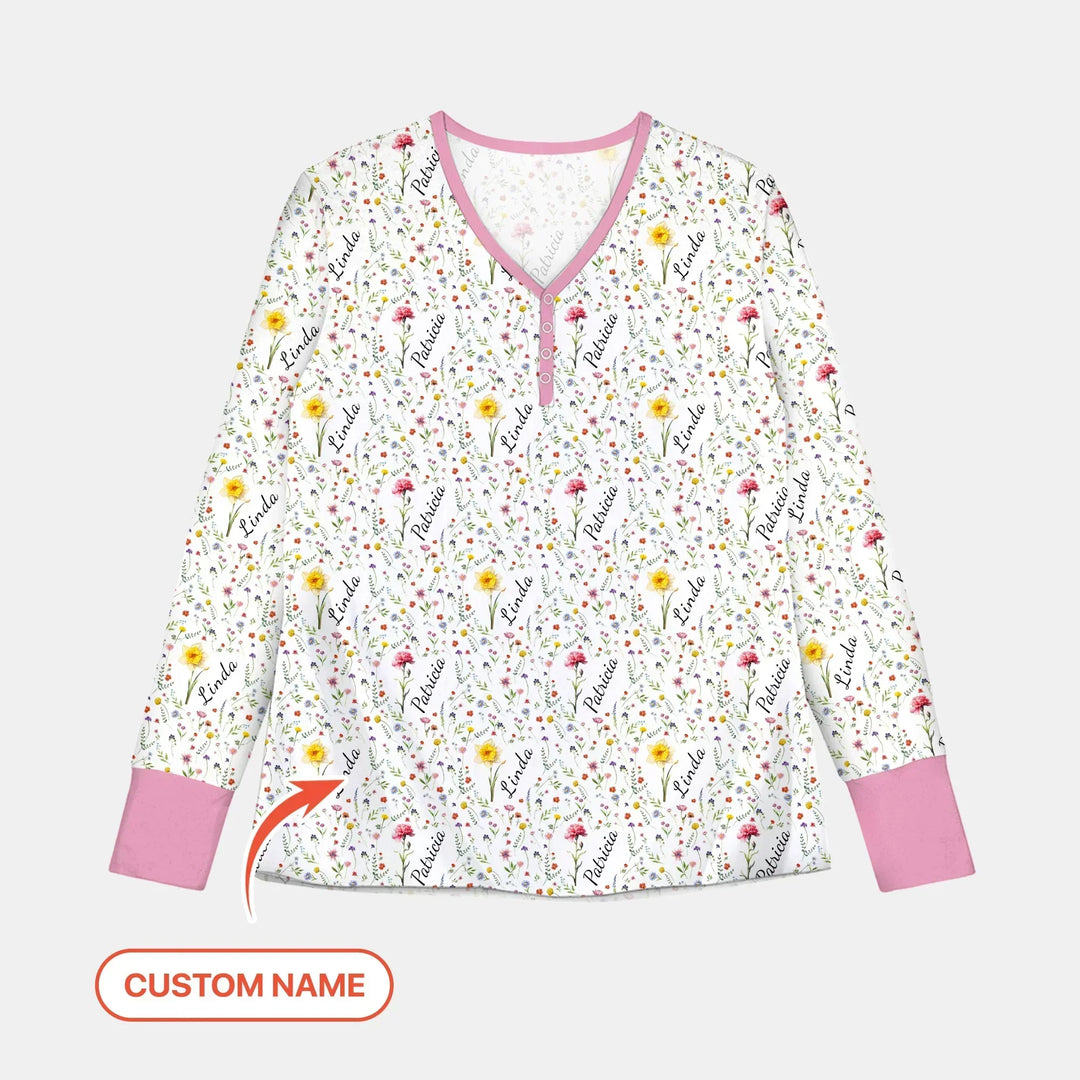 Birth Flower Custom Name Family Daughter Sister Bamboo Women Pajama Set