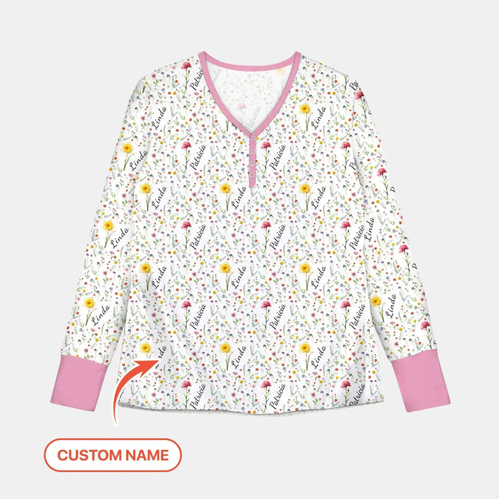 Birth Flower Custom Name Family Daughter Sister Bamboo Women Pajama Set