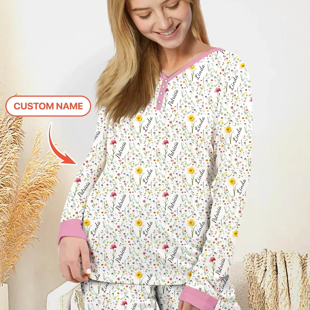 Birth Flower Custom Name Family Daughter Sister Bamboo Women Pajama Set