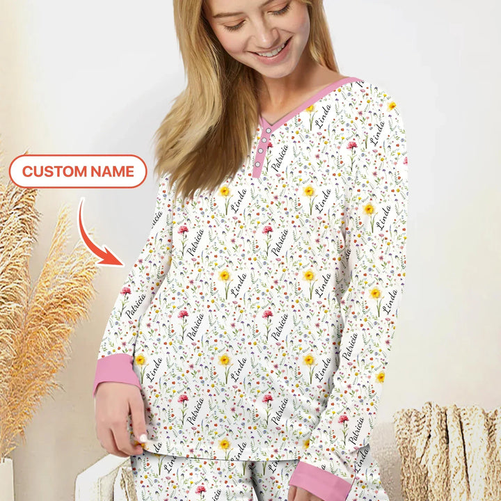 Birth Flower Custom Name Family Daughter Sister Bamboo Women Pajama Set