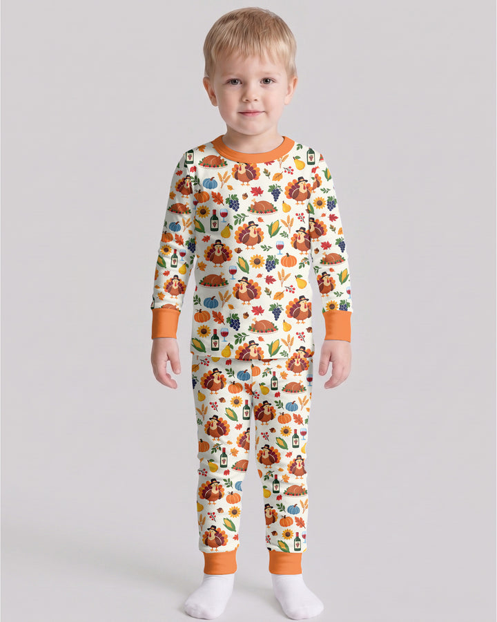 Thanksgiving Turkey Wine Harvest Bamboo Two Piece Long Sleeve Pajama Set