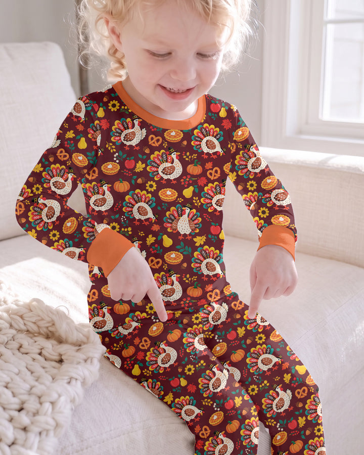 Festive Turkey Fall Harvest Bamboo Two Piece Long Sleeve Pajama Set
