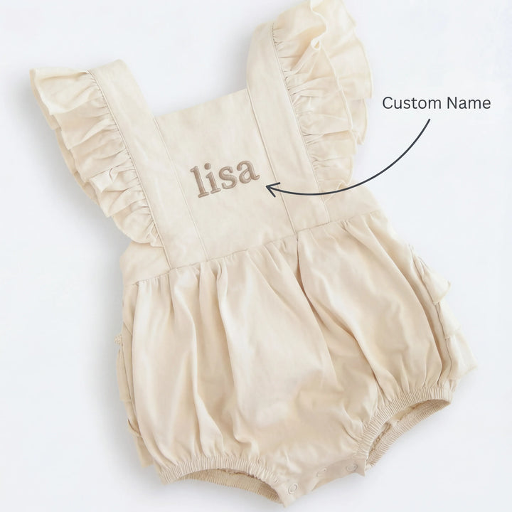 Custom Name Bamboo Cross Back Ruffle Bubble Romper