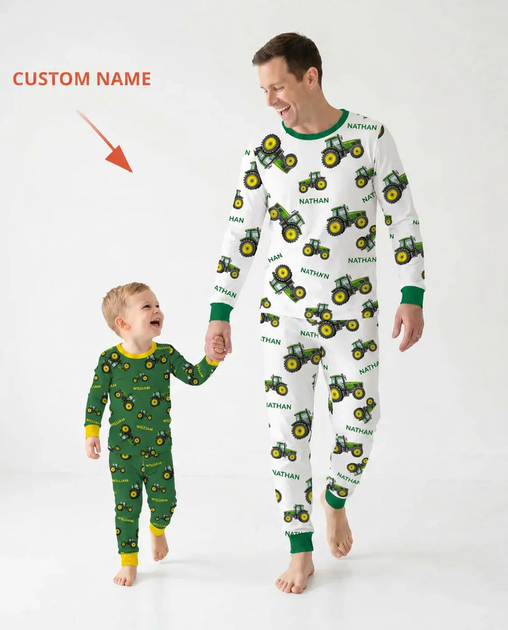 Custom Name Green Tractors Matching Daddy & Me Bamboo Two Piece Long Sleeve Pajama Set