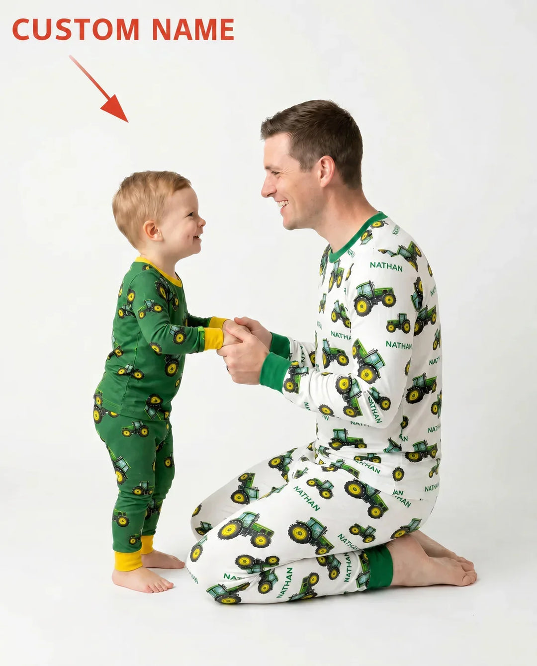 Custom Name Green Tractors Matching Daddy & Me Bamboo Two Piece Long Sleeve Pajama Set