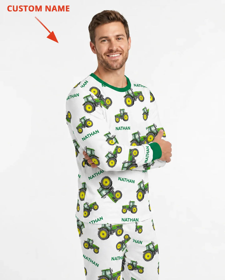 Custom Name Green Tractors Matching Daddy & Me Bamboo Men's Pajama Set