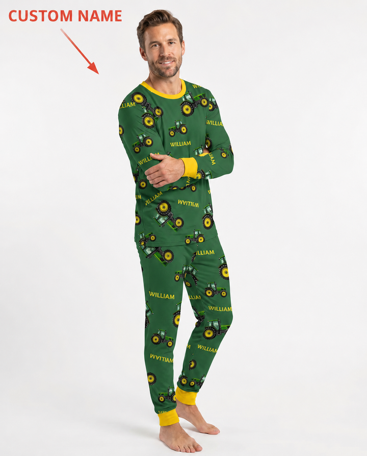 Custom Name Green Tractors Matching Daddy & Me Bamboo Men's Pajama Set