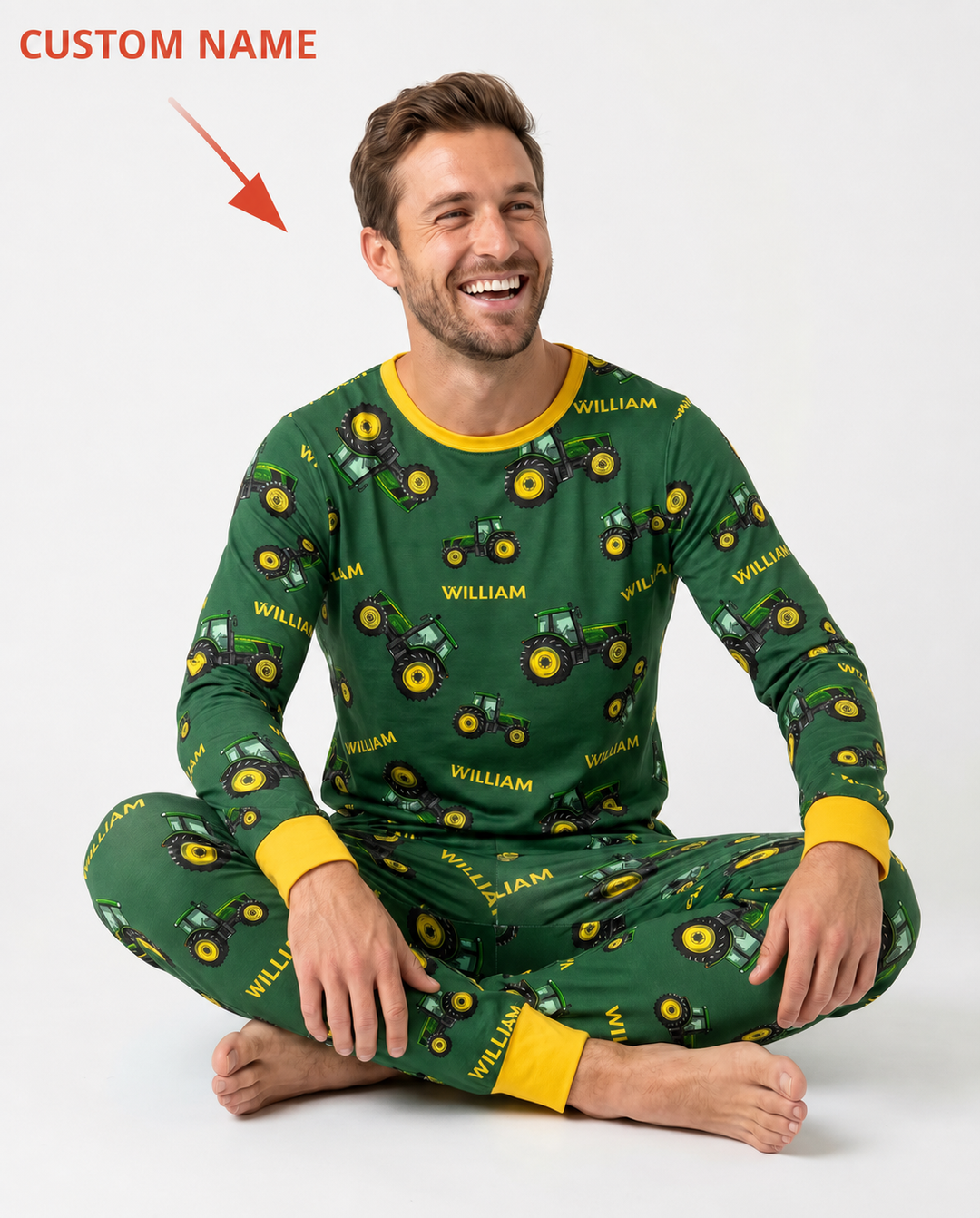 Custom Name Green Tractors Matching Daddy & Me Bamboo Men's Pajama Set