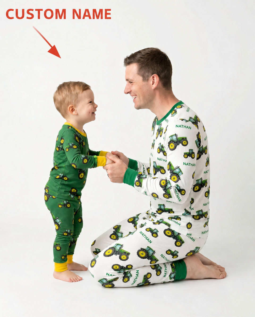 Custom Name Green Tractors Matching Daddy & Me Bamboo Men's Pajama Set