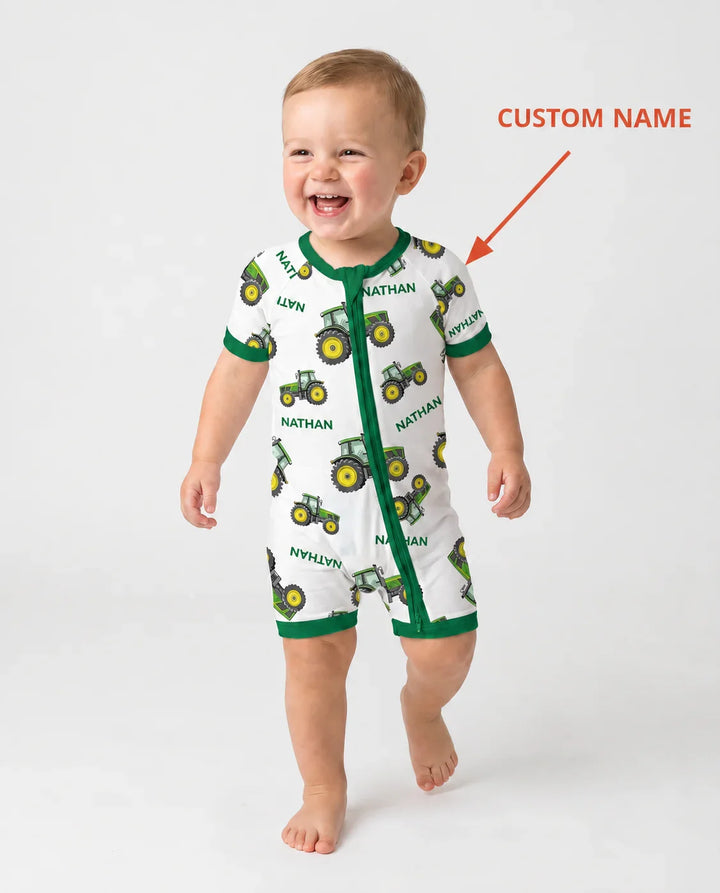 Custom Name Green Tractors Matching Daddy & Me Bamboo Shorty Zippy