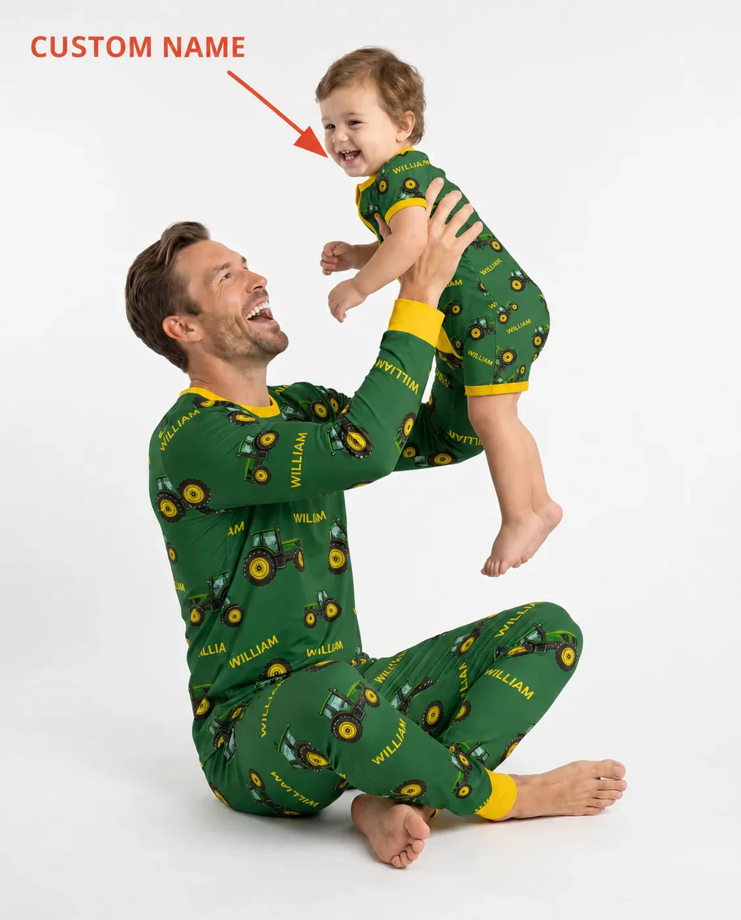 Custom Name Green Tractors Matching Daddy & Me Bamboo Shorty Zippy