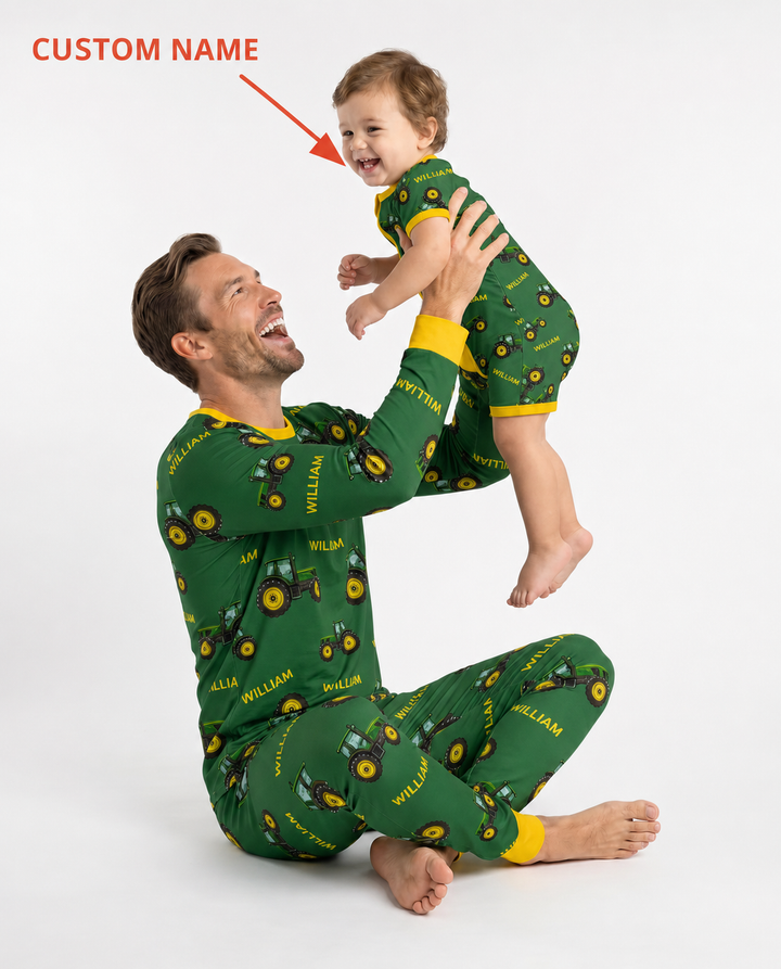 Custom Name Green Tractors Matching Daddy & Me Bamboo Shorty Zippy