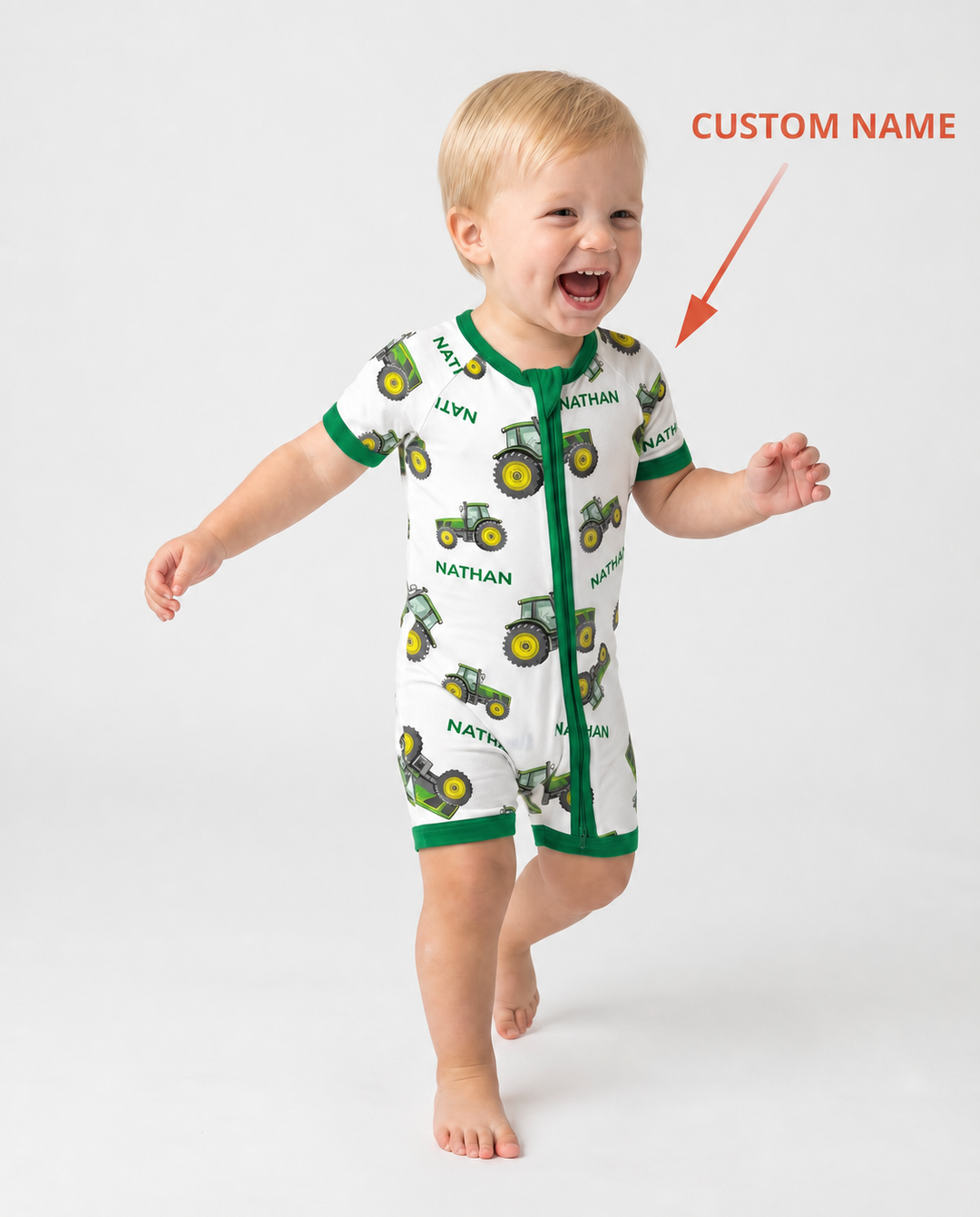 Custom Name Green Tractors Matching Daddy & Me Bamboo Shorty Zippy