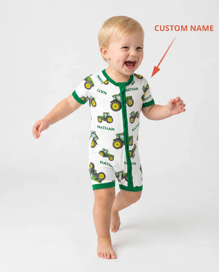 Custom Name Green Tractors Matching Daddy & Me Bamboo Shorty Zippy