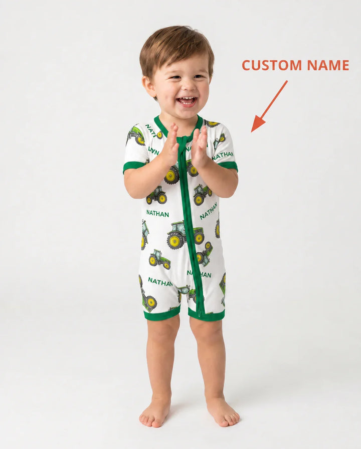 Custom Name Green Tractors Matching Daddy & Me Bamboo Shorty Zippy