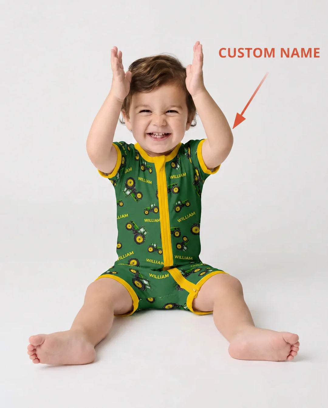 Custom Name Green Tractors Matching Daddy & Me Bamboo Shorty Zippy