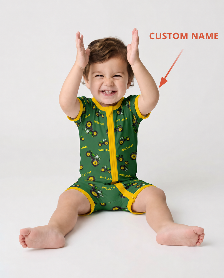 Custom Name Green Tractors Matching Daddy & Me Bamboo Shorty Zippy