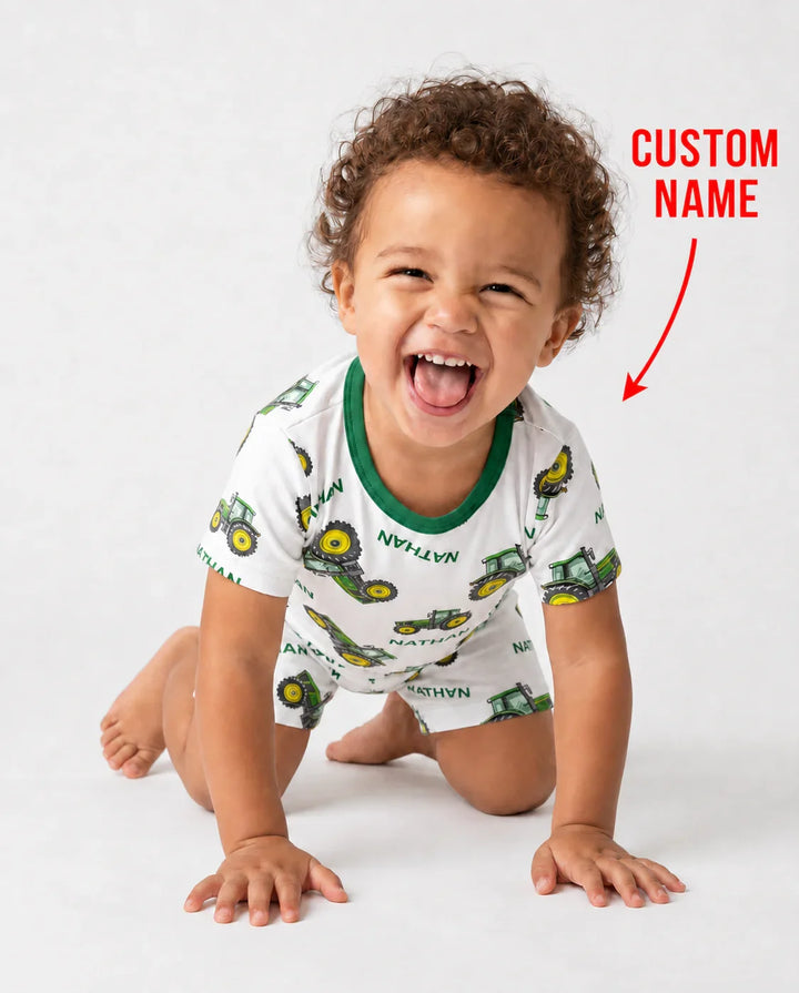 Custom Name Green Tractors Matching Daddy & Me Bamboo Two Piece Short Sleeve Shorts Pajama Set
