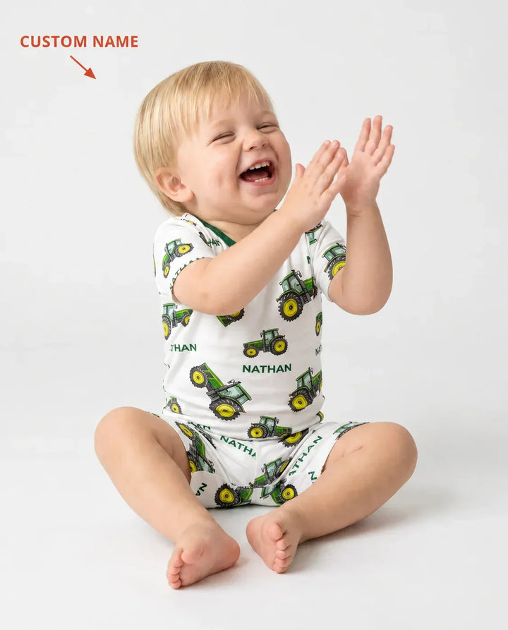 Custom Name Green Tractors Matching Daddy & Me Bamboo Two Piece Short Sleeve Shorts Pajama Set