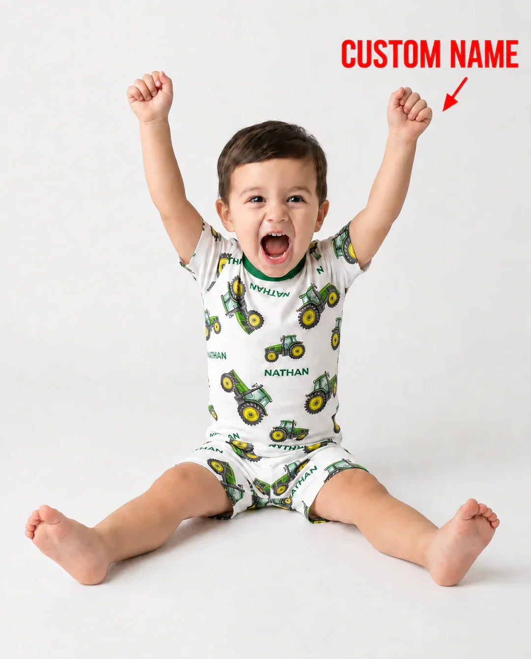 Custom Name Green Tractors Matching Daddy & Me Bamboo Two Piece Short Sleeve Shorts Pajama Set
