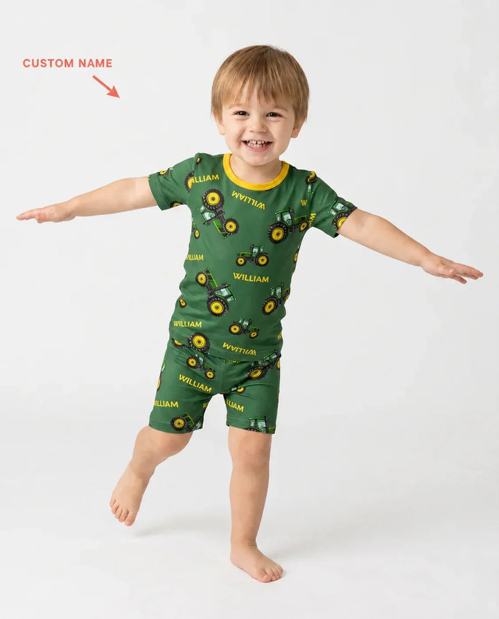 Custom Name Green Tractors Matching Daddy & Me Bamboo Two Piece Short Sleeve Shorts Pajama Set
