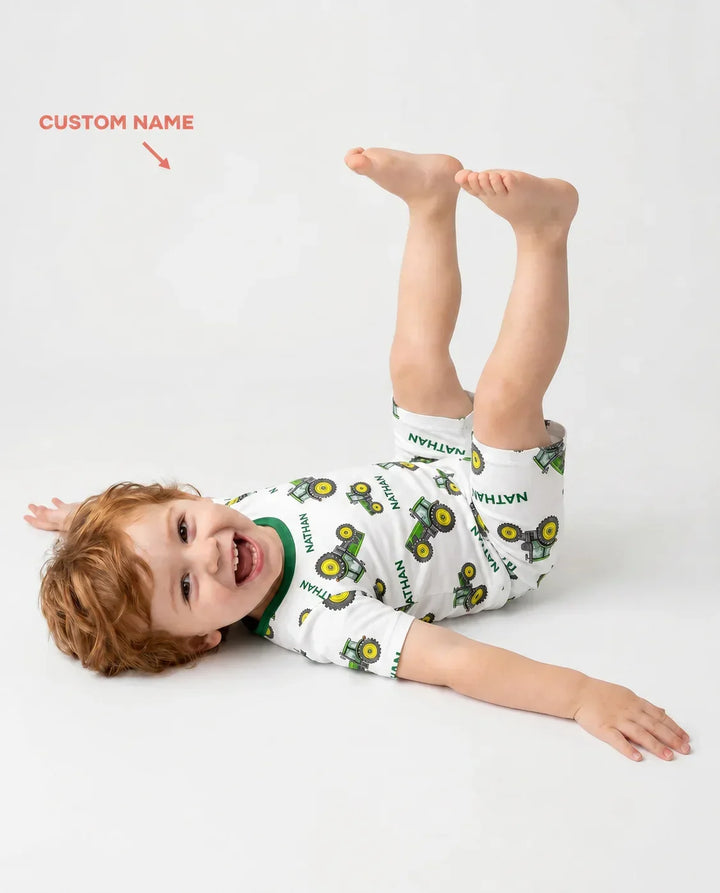 Custom Name Green Tractors Matching Daddy & Me Bamboo Two Piece Short Sleeve Shorts Pajama Set