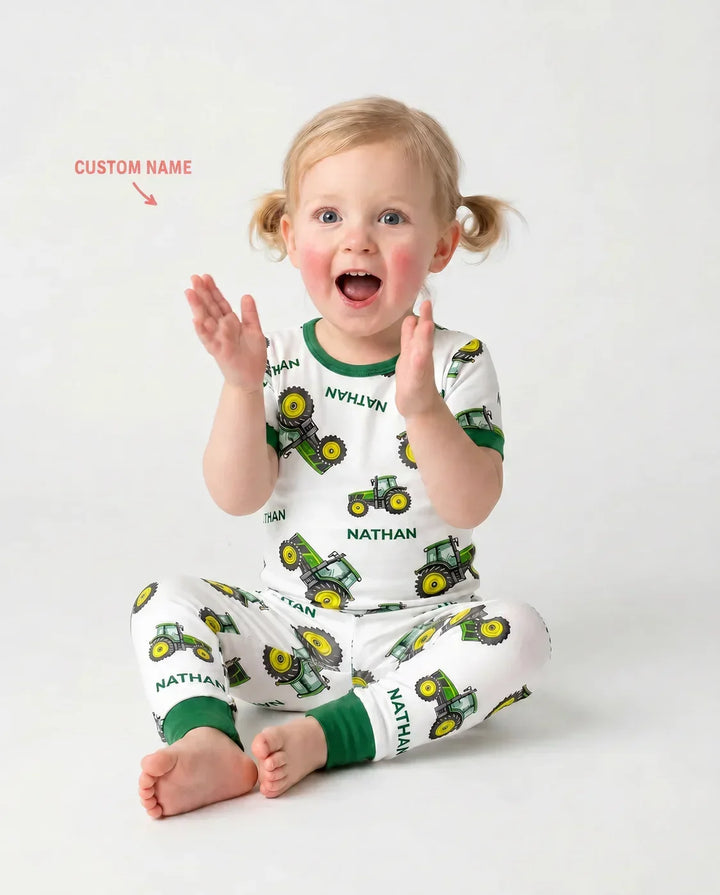 Custom Name Green Tractors Matching Daddy & Me Bamboo Two Piece Short Sleeve Pajama Set