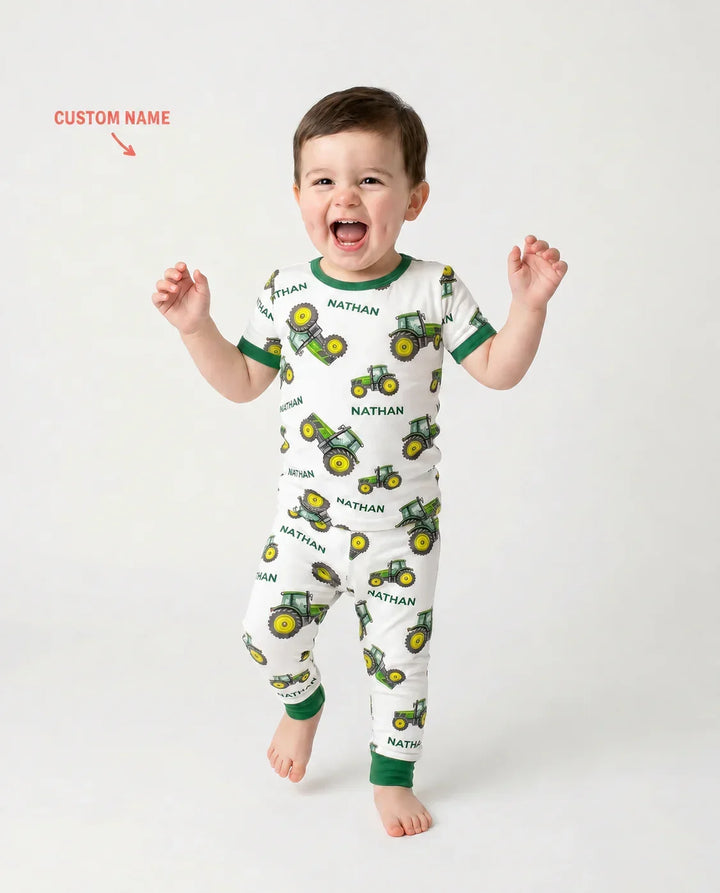 Custom Name Green Tractors Matching Daddy & Me Bamboo Two Piece Short Sleeve Pajama Set