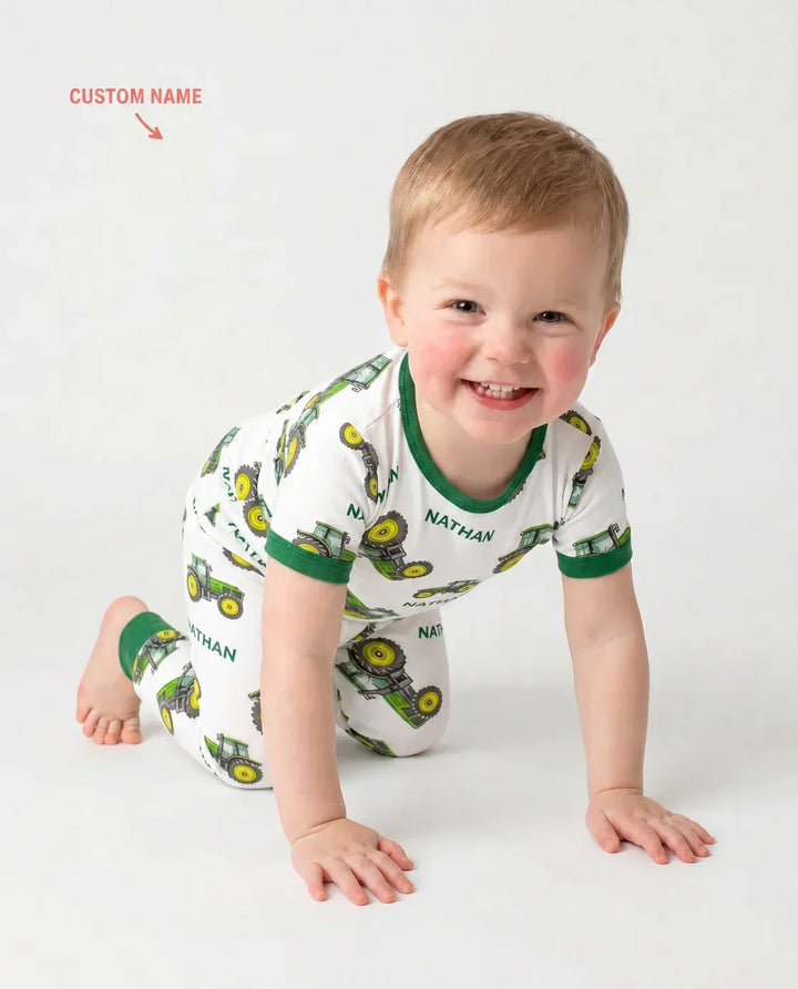 Custom Name Green Tractors Matching Daddy & Me Bamboo Two Piece Short Sleeve Pajama Set