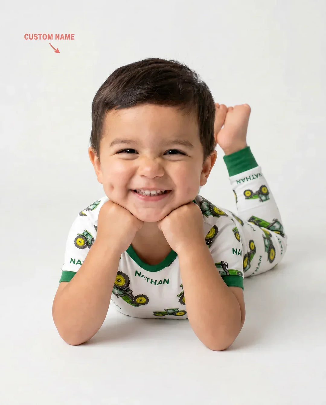 Custom Name Green Tractors Matching Daddy & Me Bamboo Two Piece Short Sleeve Pajama Set