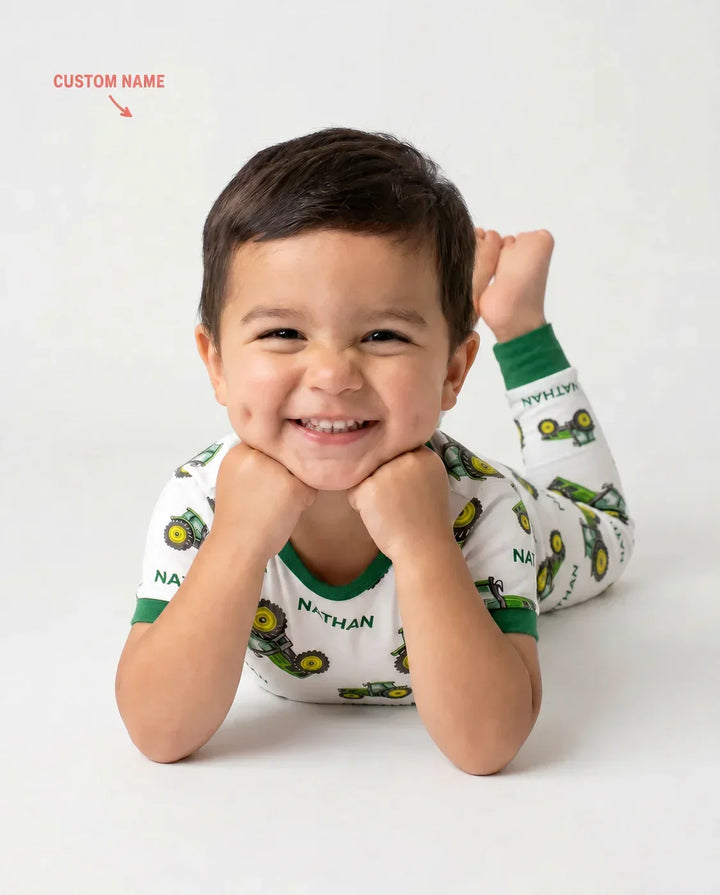 Custom Name Green Tractors Matching Daddy & Me Bamboo Two Piece Short Sleeve Pajama Set