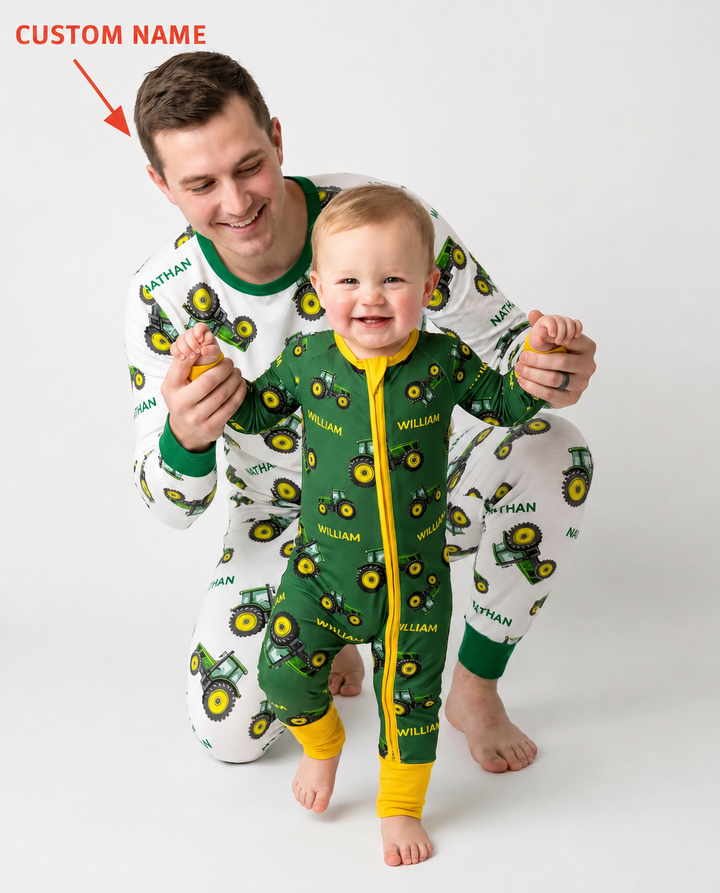 Custom Name Green Tractors Matching Daddy & Me Bamboo Convertible Zippy