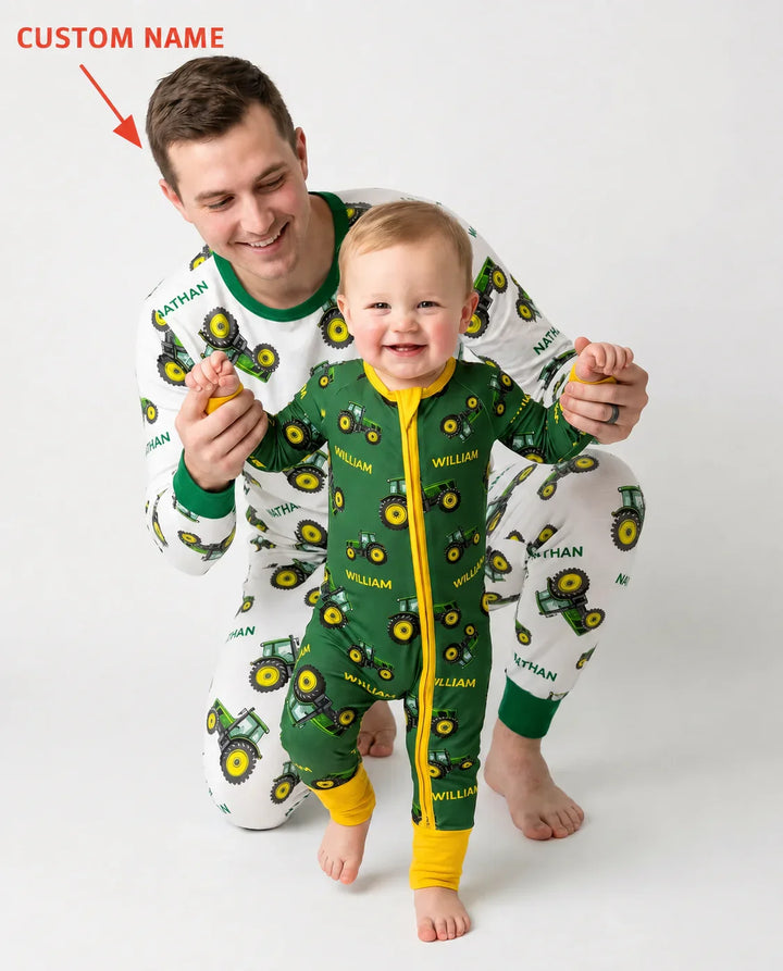 Custom Name Green Tractors Matching Daddy & Me Bamboo Men's Pajama Set