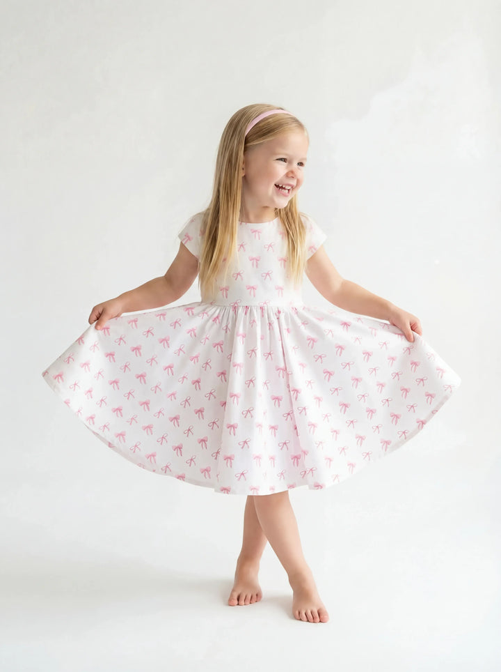 Sweet Pink Bow Cute Garden Bamboo Twirl Dress