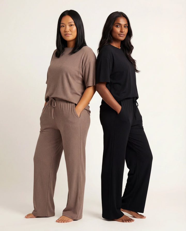 Black Bamboo Ribbed Wide Leg Pant